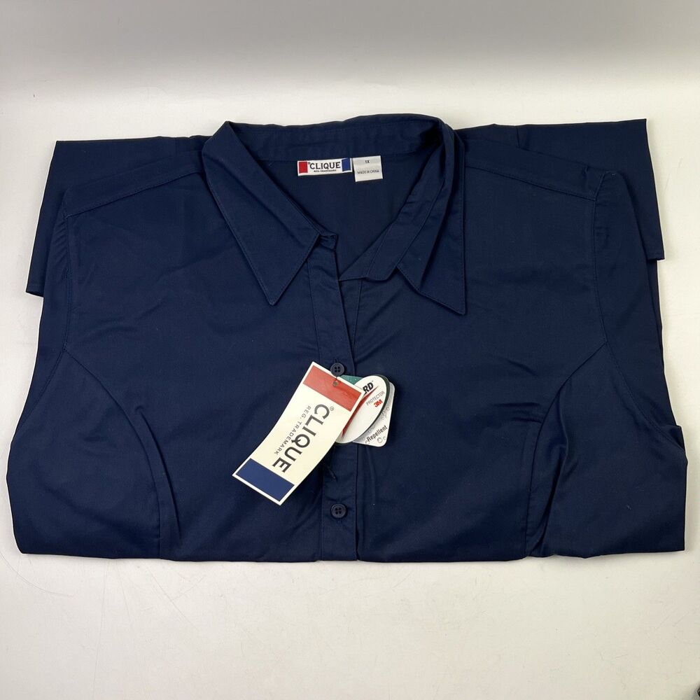 Women's Clique Short Sleeve Button Front Uniform Dress Shirt - Navy Blue - 1x